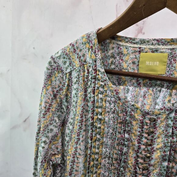 Anthropologie Shirt Womens Large P Button Up Boho Floral Pleated Maeve Gelise - Picture 3 of 12